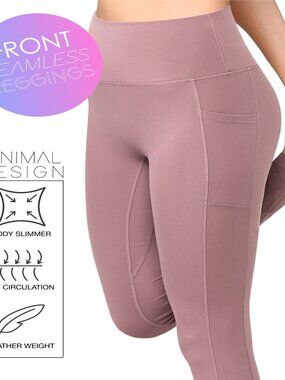 Women's Peached Seamless Front with Side Pockets Yoga Leggings Rose Pink Large